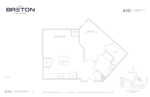 Floor plan for 1 bed, 1 bath, 812 sqft